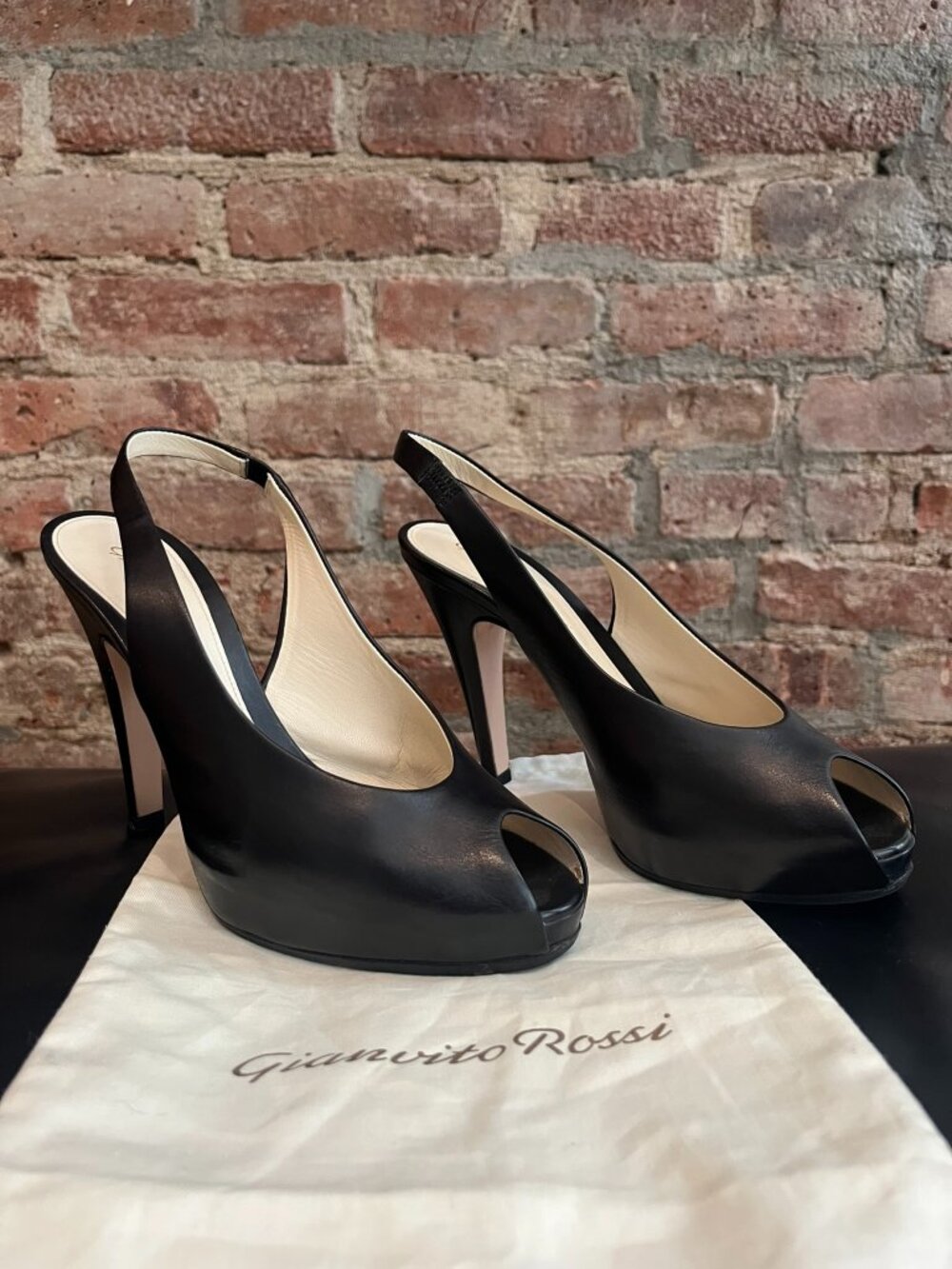 Gianvito Rossi Black Leather Peep-Toe Slingback Platform Pumps